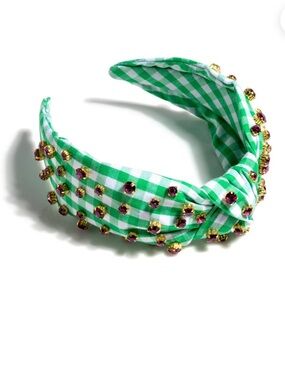 Green Gingham Knotted Headband with Gold & pink Gem Accents